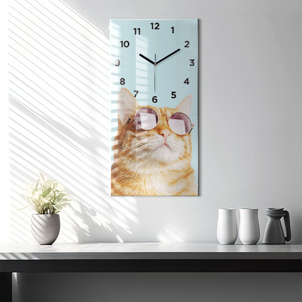 Horloge murale verticale Chat drôle avec des lunettes