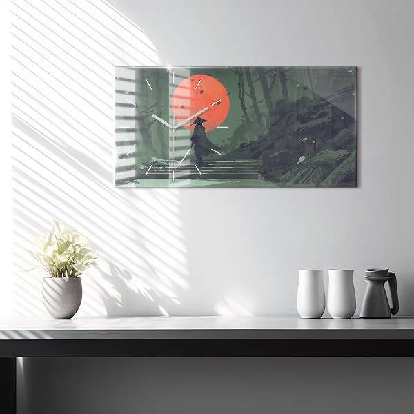 Horloge murale horizontale Samouraï dans la forêt