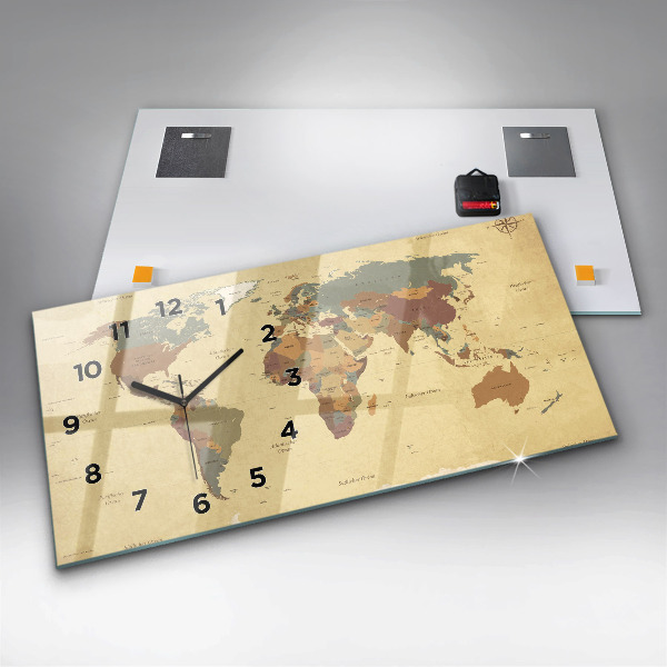 Horloge rectangulaire horizontale Carte du monde vintage