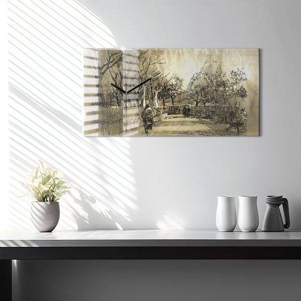 Horloge rectangulaire horizontale Parc et arbres en sépia