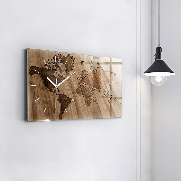 Horloge rectangulaire horizontale Carte du monde sur bois