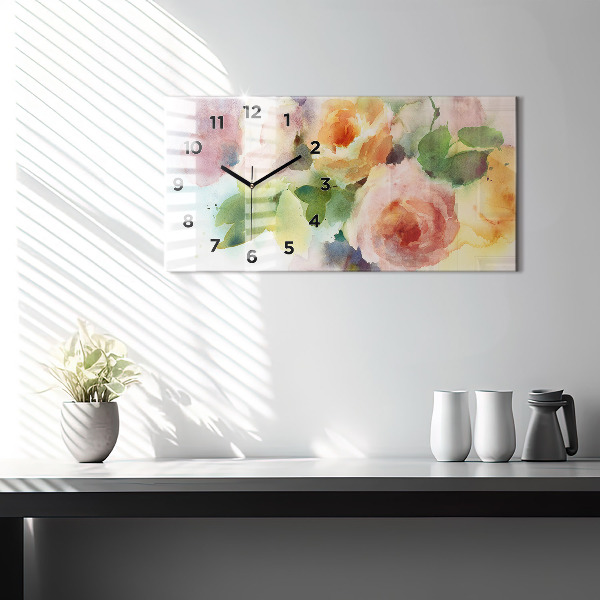 Horloge murale horizontale Aquarelle de roses dans un vase
