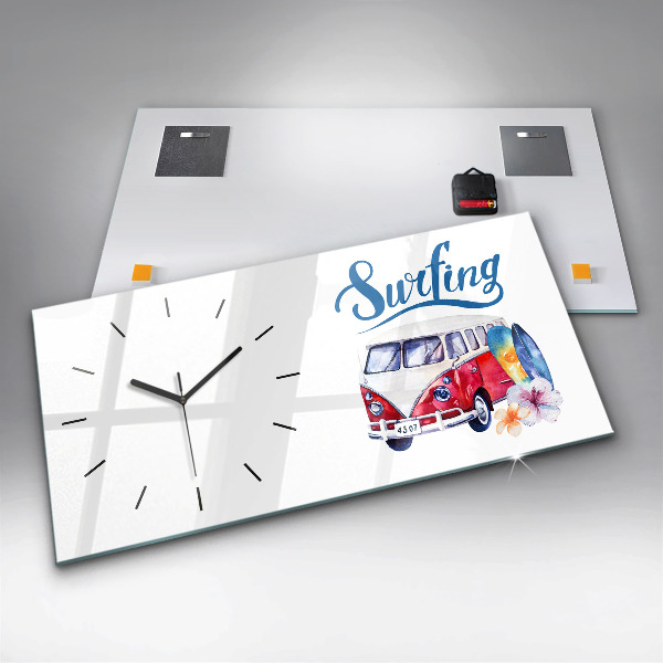 Horloge murale horizontale Panneau « Voiture et surf »