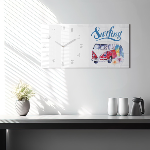 Horloge murale horizontale Panneau « Voiture et surf »