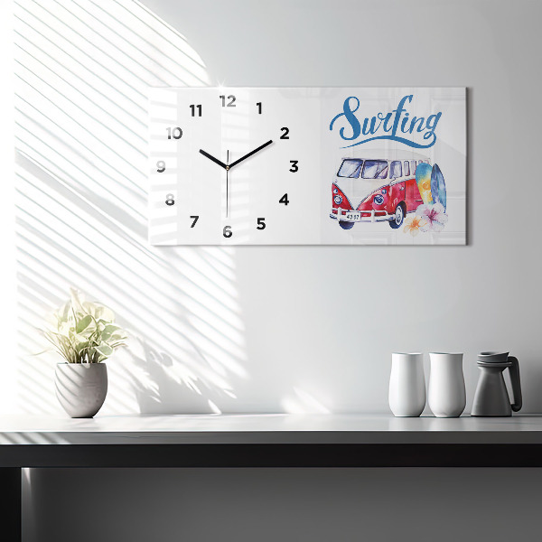 Horloge murale horizontale Panneau « Voiture et surf »
