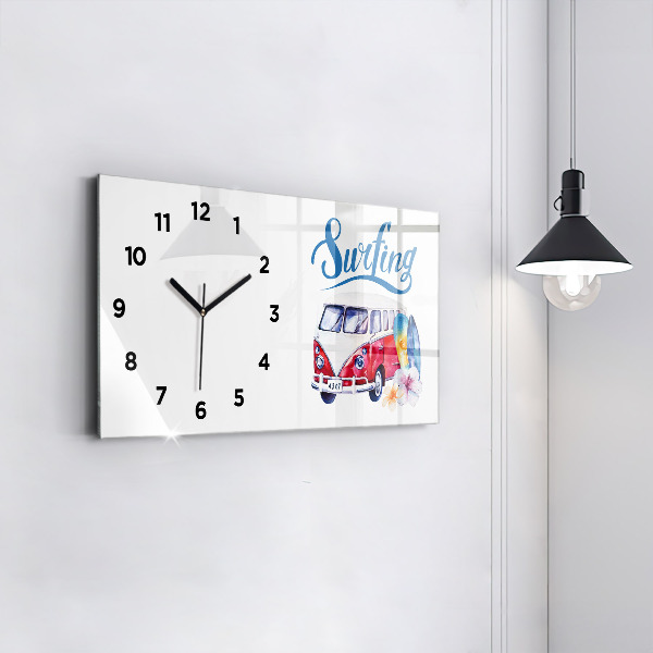 Horloge murale horizontale Panneau « Voiture et surf »