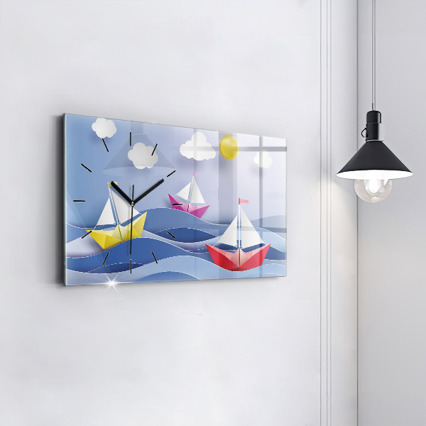 Horloge murale horizontale Voiliers colorés en origami