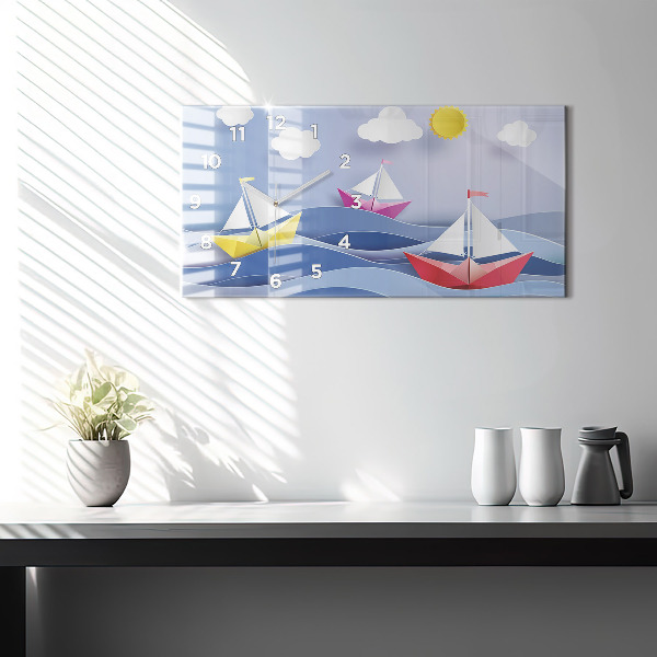 Horloge murale horizontale Voiliers colorés en origami