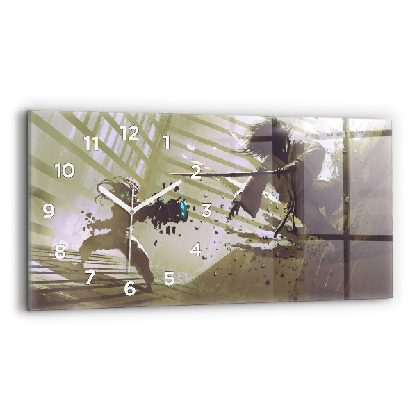 Horloge murale horizontale Combat robot contre samouraï
