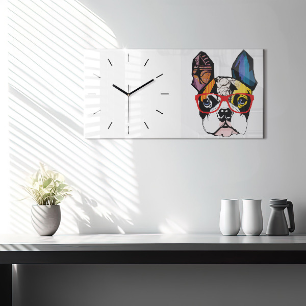 Horloge murale horizontale Bouledogue français avec des lunettes
