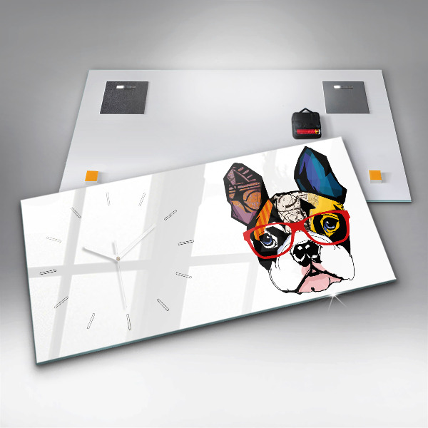 Horloge murale horizontale Bouledogue français avec des lunettes