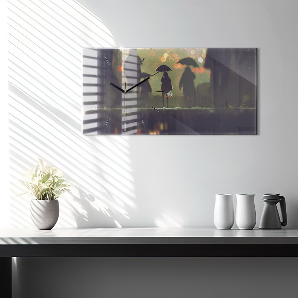 Horloge murale horizontale Des gens avec des parapluies