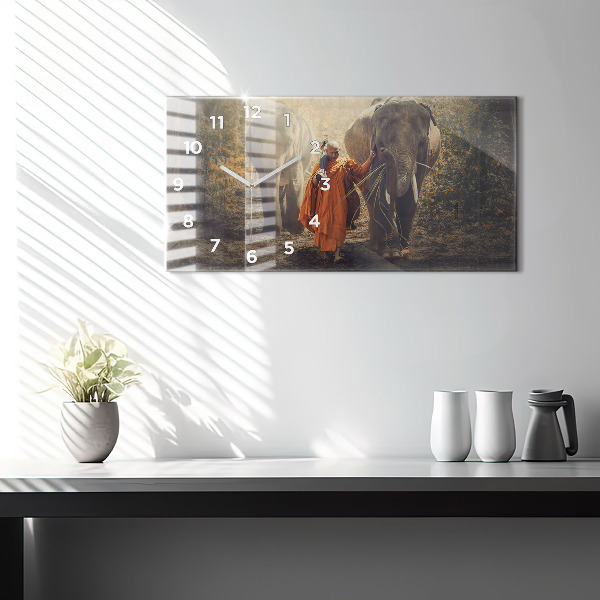 Horloge murale horizontale Moine conduisant des éléphants