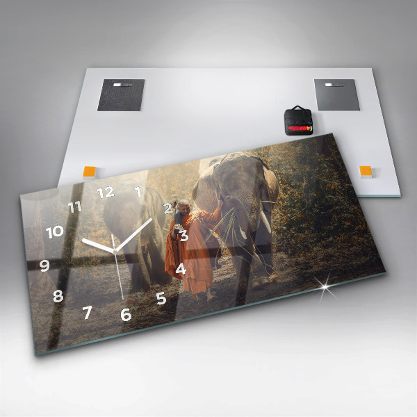 Horloge murale horizontale Moine conduisant des éléphants