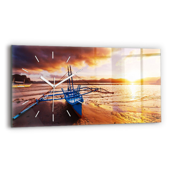 Horloge murale horizontale Bateau et coucher de soleil
