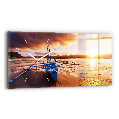 Horloge murale horizontale Bateau et coucher de soleil