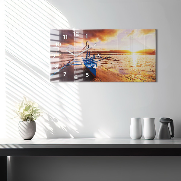 Horloge murale horizontale Bateau et coucher de soleil