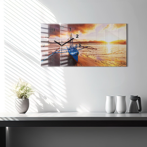 Horloge murale horizontale Bateau et coucher de soleil