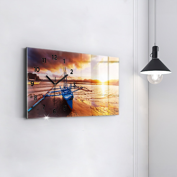 Horloge murale horizontale Bateau et coucher de soleil