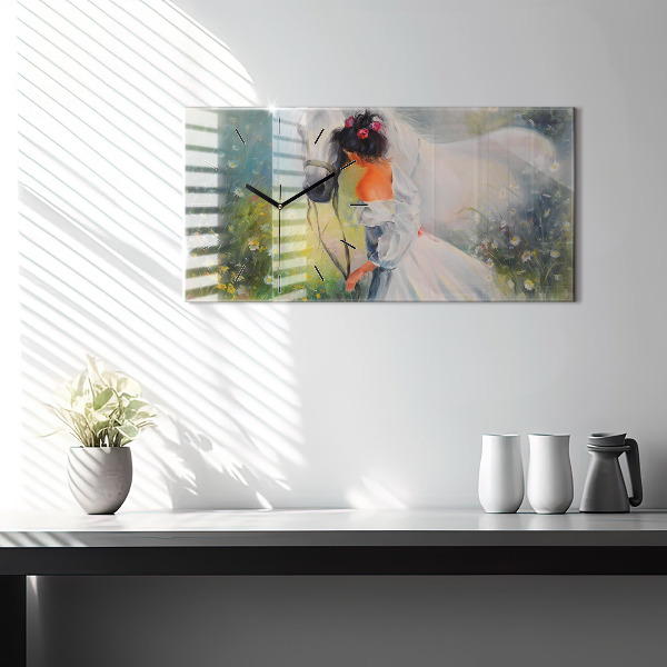 Horloge murale horizontale Belle femme avec un cheval