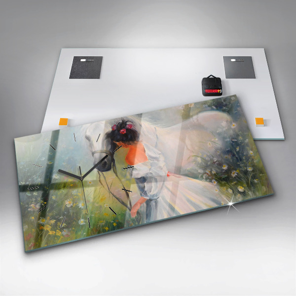 Horloge murale horizontale Belle femme avec un cheval