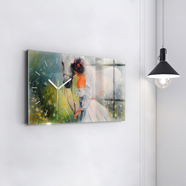 Horloge murale horizontale Belle femme avec un cheval