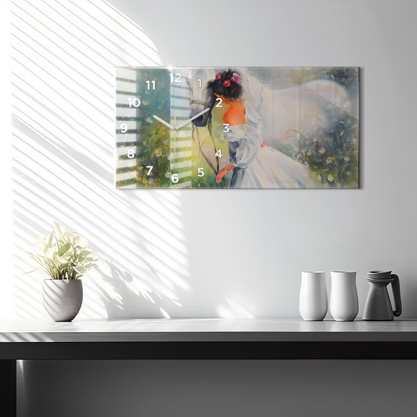 Horloge murale horizontale Belle femme avec un cheval