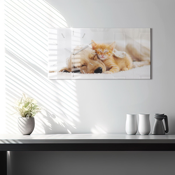Horloge murale horizontale Chat et chien endormis