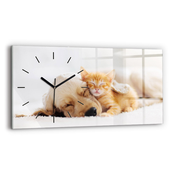 Horloge murale horizontale Chat et chien endormis