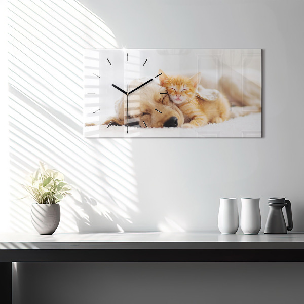 Horloge murale horizontale Chat et chien endormis