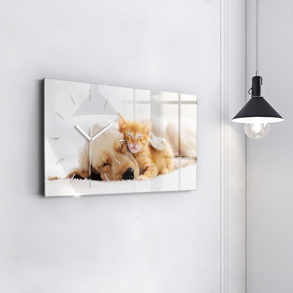 Horloge murale horizontale Chat et chien endormis