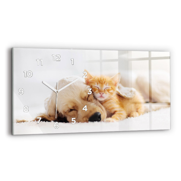 Horloge murale horizontale Chat et chien endormis