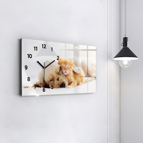 Horloge murale horizontale Chat et chien endormis