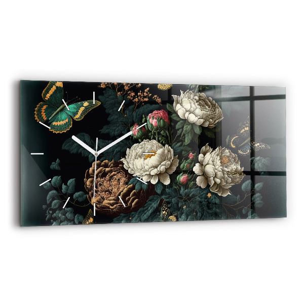 Horloge murale horizontale Fleurs et papillons dorés