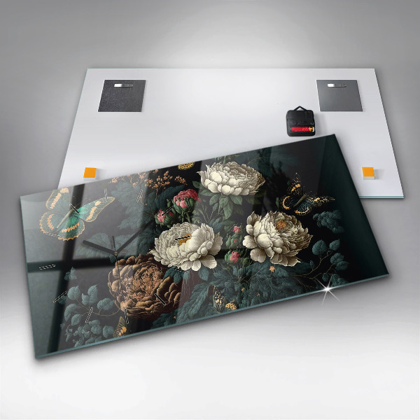 Horloge murale horizontale Fleurs et papillons dorés