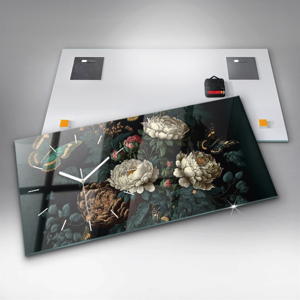 Horloge murale horizontale Fleurs et papillons dorés