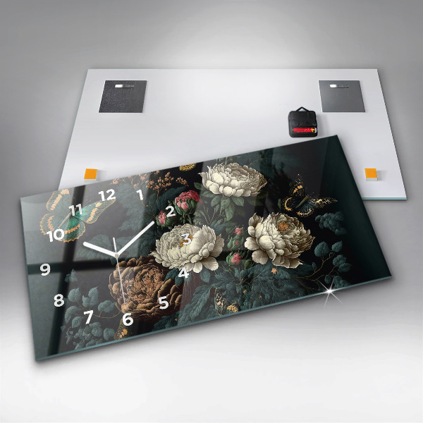 Horloge murale horizontale Fleurs et papillons dorés