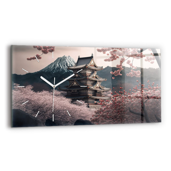 Horloge murale horizontale Fleurs de cerisier de la tour asiatique