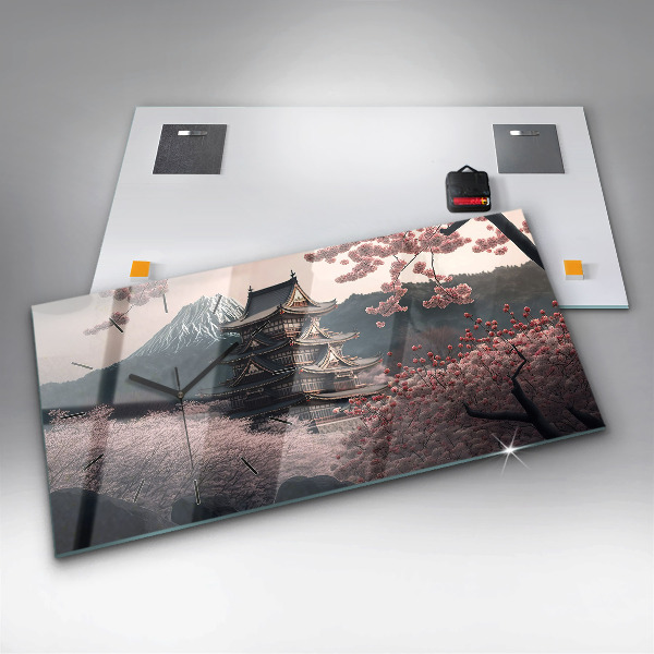 Horloge murale horizontale Fleurs de cerisier de la tour asiatique