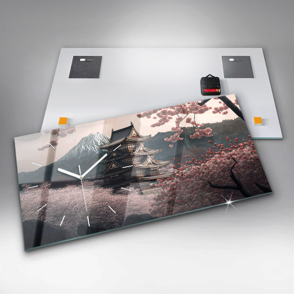 Horloge murale horizontale Fleurs de cerisier de la tour asiatique