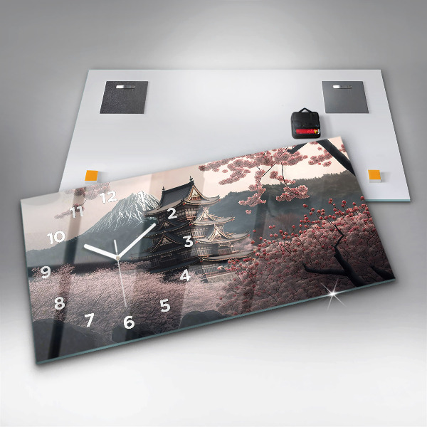 Horloge murale horizontale Fleurs de cerisier de la tour asiatique