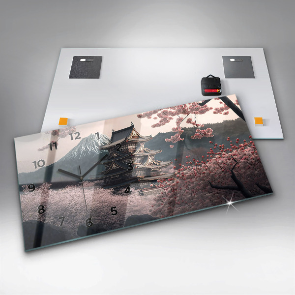 Horloge murale horizontale Fleurs de cerisier de la tour asiatique