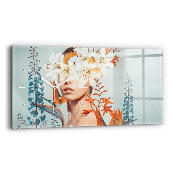 Horloge murale horizontale Femme avec des fleurs