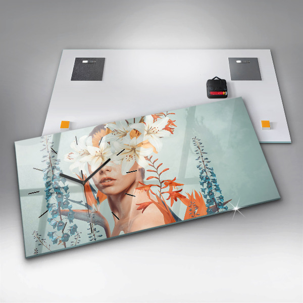 Horloge murale horizontale Femme avec des fleurs