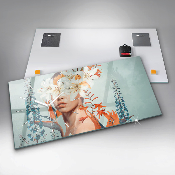 Horloge murale horizontale Femme avec des fleurs