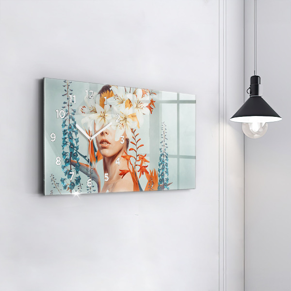 Horloge murale horizontale Femme avec des fleurs