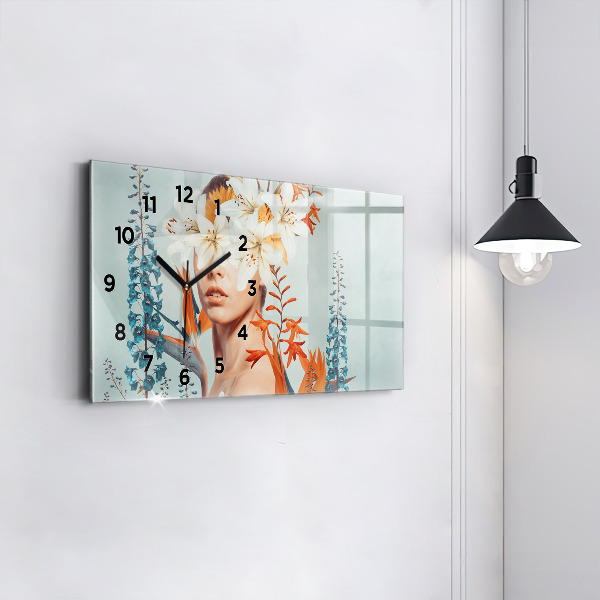 Horloge murale horizontale Femme avec des fleurs