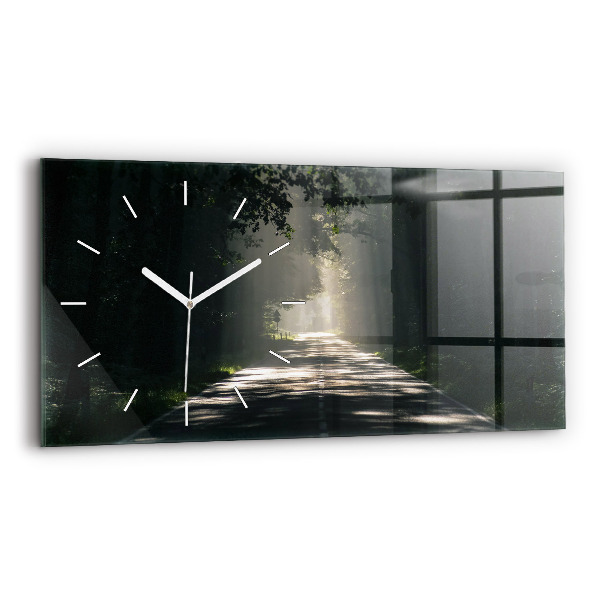 Horloge murale horizontale Route forestière et rayons de soleil