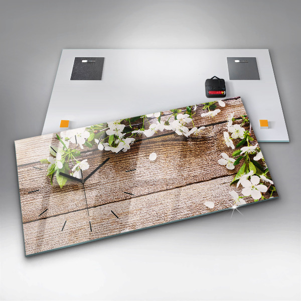 Horloge rectangulaire horizontale Fleurs sur bois