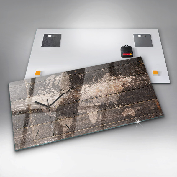Horloge murale horizontale Carte du monde sur bois